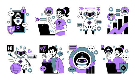 AI robot. Chat GPT. Assistant bot software. Artificial intelligence technology. Digital chatbot. People and computer communication. Automated work. Smartphone infographic UX. Vector tidy concepts setのイラスト素材