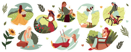Gardening hobby. Woman working or relaxing in garden. Plants ECO growing. Picnic in nature. Spring meadow. Happy female watering flowers. Girl swinging or riding bicycle. Vector summer characters setのイラスト素材