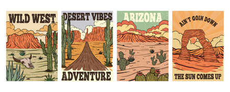 Desert landscape. Graphic Arizona poster. Southwest explore. Cactus and skull. Vintage American summer. Wild West canyon. Rock adventure. Sunset scenery. Travel print design. Vector nature banners setのイラスト素材