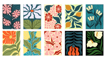 Matisse abstract flower. Minimal floral poster. Pattern design, vintage botanical prints collection, trendy card color, organic contemporary spring art. Notebook cover, vector background illustrationのイラスト素材