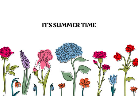 Summer background. Vertical banner design with line drawing colorful flowers, copy space for text. Botanical blooming wildflower and green leaves. Vector minimal style isolated on white illustrationのイラスト素材