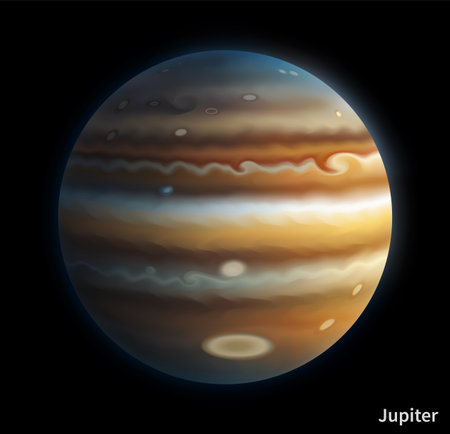 Space planet. Jupiter surface. Cosmic sphere. Astronomy science. Galaxy exploration. University discovery. Planetary view from satellite. Solar system explore. Striped circle. Vector education posterのイラスト素材