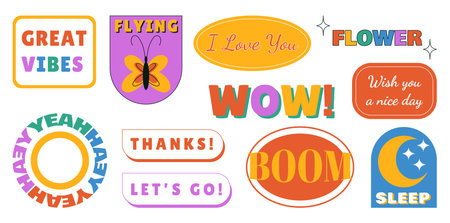 Groovy stickers. Abstract shapes. Retro icons. Phrase text. Cute butterfly and flower. Y2K inspirational lettering. Great vibes patch. Sleeping moon. Happy dream. Love symbol. Vector color badges setのイラスト素材