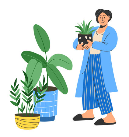 Man hold flower in pot. Houseplants growing hobby. Man with succulent and ficus, Interior decorative elements. Modern indoors garden, people care greenery. Vector cartoon flat isolated illustrationのイラスト素材