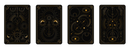 Tarot card. Frame, eye magic, esoteric design illustration. Moon and sun mystic. Pattern poster astrology. Boho gold isolated elements on black background. Line alchemy tattoo. Vector garish setのイラスト素材