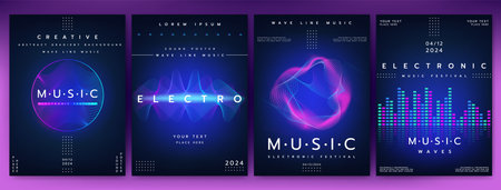 Electro music. Concert invitation. Sound poster design. Musical line waves. Voice frequency. Radio rhythm. Abstract gradient background. Graphic equalizer. Vector future color audio party flyers setのイラスト素材