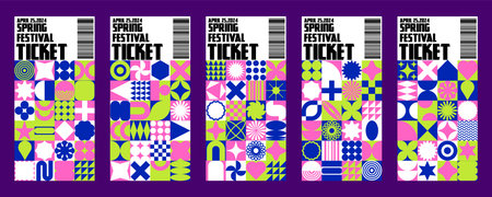 Abstract pattern poster. Tickets brutalist design. Geometric vibrant shapes. Spring festival admission card. Bauhaus simple texture. Brutalism art. Modern graphic. Vector invitation entry coupons setのイラスト素材