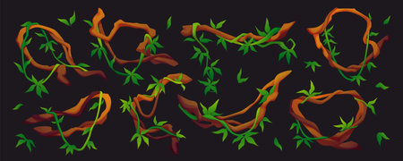 Vine jungle game. Plant liana. Creeper tree. Hanging branch. Rainforest climbing. Vegetation tropical grass. Foliage stem. Botanical ivy leaves. Twisted wild wood. Vector greenery natural elements setのイラスト素材