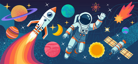 Space astronaut. Planets and, spaceman, sun and stars. Human discovery galaxy travel flight cosmonaut, explore cosmos. Spacesuit with helmet for spaceflight. Vector cartoon flat trip interstellarのイラスト素材