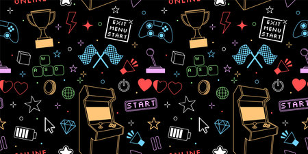 Game pattern seamless. Gamer kid. Graphic control joystick. Tee shirt repeated print. Arcade gamepad and race flags. Computer cursor and playing keypad buttons. Retro line icons. Vector backgroundのイラスト素材