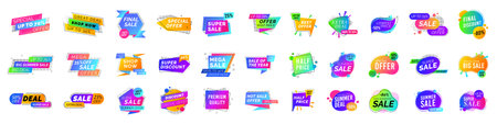Tag sale set, shop label collection. Banner badge, price offer discount icon. Promotion special sticker. Stamp round and square, seal colorful minimal design, ribbon template. Vector buy garish couponのイラスト素材