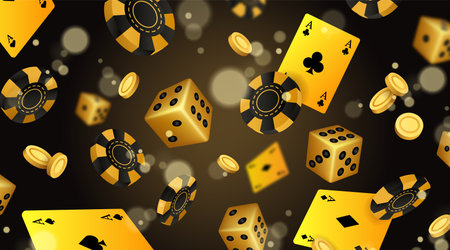 Casino poker. Golden chips. Black cards. Playing dices. Game money. Gamble gold coins. Falling bets. Blackjack ace. Lucky rays. Vegas gambling. Roulette chance. Blurry gaming slots. Vector backgroundのイラスト素材