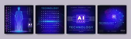 AI tech poster. Chip processor future technology. Artificial intelligence semiconductor. Innovate data microchip. CPU glow. Computer server. Cyber brain education training. Vector design flyers setのイラスト素材