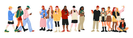 People with phones. Modern persons call. Mobile chatting. Young friends community. Happy men and women use smartphones. Casual students walk. Gadgets user. Camera selfie. Characters groups vector setのイラスト素材