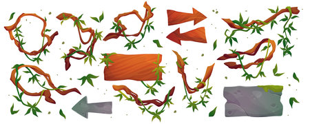 Game forest. Stone and wood element. Frame board, sign bamboo. UI liana decor, rock signboard. Icon tree, wall, arrow, different badge, circle panel with palm leaves. Vector cartoon isolated setのイラスト素材