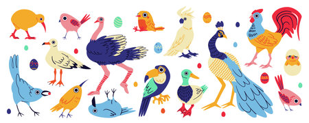 Birds doodle. Jungle folk. Baby abstract. Spring cartoon animal. Childish pattern. Naive texture. Tropical nature. Vintage toucan chick. Ostrich and peacock. Creative character. Vector birdies setのイラスト素材