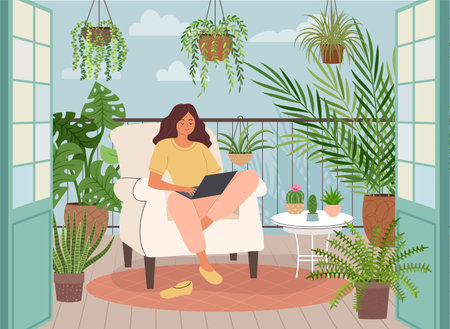 Balcony garden. Home apartment. Green city. Flower plants in pots. Woman working freelance with laptop. ECO house furniture. Terrace porch. Person relaxing. Cozy houseplants. Vector orangery interiorのイラスト素材