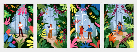 Greenhouse farm. Plant foliage. Flowers and leaves. Glass agriculture. People relaxing in orangery. Garden conservatory. Home gardening. Nature greenery. Planter floor. Vector tidy glasshouses setのイラスト素材