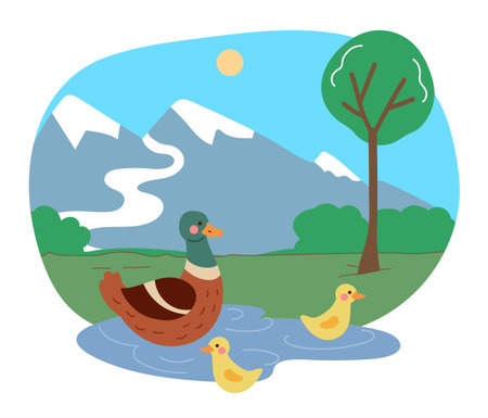 Cute animals. Water birds swimming in pond. Happy ducky family. Wild nature. Mountain landscape. Summer lake scenery. Park forest. Ducklings folk. Cartoon yellow duck chicks. Vector wildlife sceneのイラスト素材