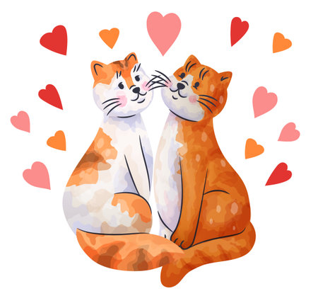 Cute cats. Cartoon animals sweet love. Romantic red hearts. Pets couple. Happy kittens meow. Friendly domestic fluffy animals. Adorable kitty characters. Lovely feline mammals. Vector valentine cardのイラスト素材
