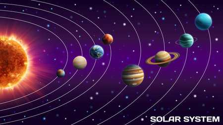 Solar system. Space planets. Orbit infographic. Astronomy science. Cosmic universe. Planetary rings. Motion around sun. Galactic map. Earth orbital rotation. Pluto circles. Vector educational posterのイラスト素材