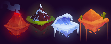 Game platform. Playing island location. Map interface. Ice mountain and volcano fire. Flying rock glacier. Desert nature landscape. Fantasy cloud cartoon icon. 3D UI elements set. Vector ground GUIのイラスト素材