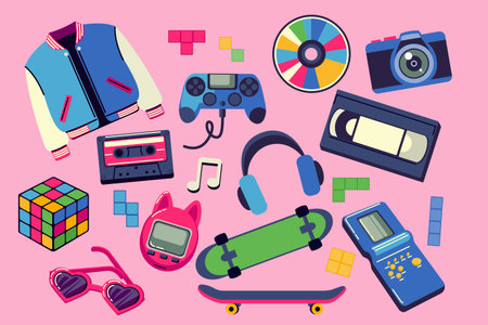80s retro elements. 90s music sticker. Pop fashion. Game icons. Skate and roller. Video cassette. Doodle graphic party. Funky 1980s. Neon sunglasses. Collage style design. Trend objects vector setのイラスト素材