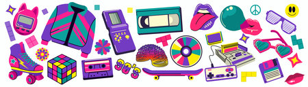 90s retro elements. Hipster fashion. Obsolete device. Video cassette. Skate roller. Tamagotchi game. Face lips. Flower icon. 1990s music. Trendy sunglasses. Collage design. Vector retro stickers setのイラスト素材