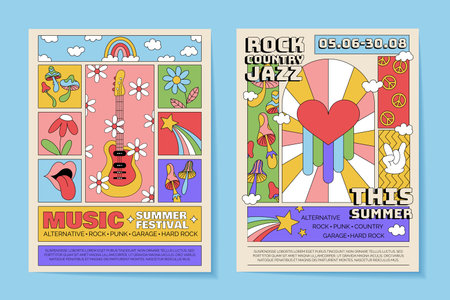 Music retro poster. Summer festival. Event invitation. Rock band concert. Cartoon design flyer template. Musical party. Rainbow and psychedelic mushroom. Hippie fest. Vector garish groovy banners setのイラスト素材