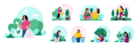 Recycle garbage. Green life. People care of Earth ecology. Waste environment. Nature ECO energy. World ecosystem. Bio power. Organic agriculture. Environmental conservation. Vector garish concepts setのイラスト素材