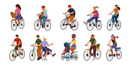 People on bicycle, bike ride. Happy man and women on cyclist, kid with parent. Person in helmet, rider old and young human, modern BMX. Sport different bicyclist. Family flat cartoon vector tidy setのイラスト素材