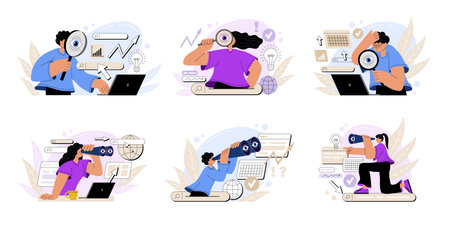 Computer digital search. Business people with binoculars and magnifier. Job research. Man working at laptop. Online information. Web technology. SEO system. Woman finding data. Vector concepts setのイラスト素材
