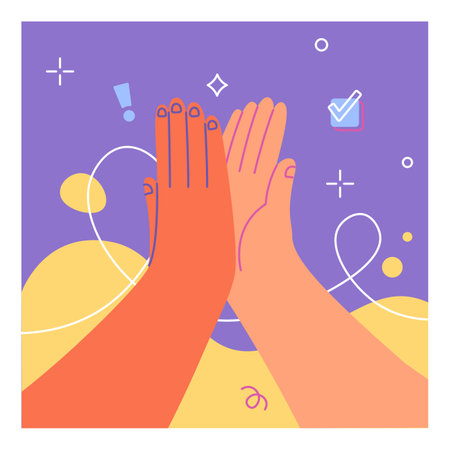Doodle hand. High five clap. Abstract geometric shapes. Color arms gesture. Negotiation handshake. Big palms touch. Choice checkmarks. Deal agreement. Partnership slap. Vector creative square cardのイラスト素材
