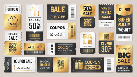 Voucher coupon collection. Discount 50, gift code, sale ticket. Promo card promotion, event off 10, bar code, icon golden discount certificate, big voucher, premium lottery. Vector banner price setのイラスト素材