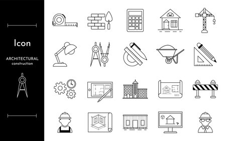 Architectural construction icons. Building project. Real estate engineering studio. Architects draft. Home thin plan paper. Build materials. Ruler and triangle. Vector industrial business elements setのイラスト素材