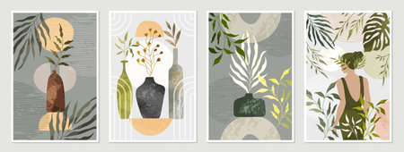 Aesthetic poster modern set. Artistic illustration boho cards. Woman in garden, green plant, contemporary art vogue. Watercolor pattern minimal, geometric vase. Flowers in pots. Vector abstract designのイラスト素材