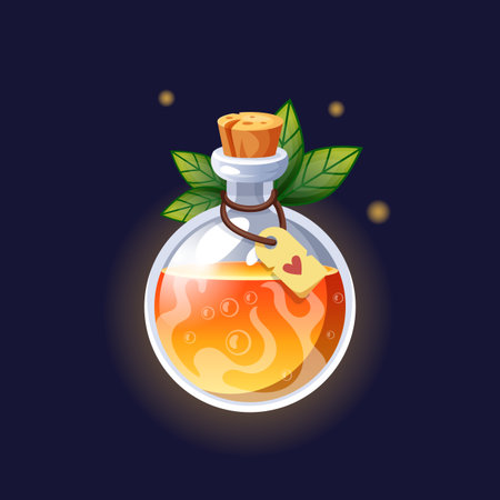 Orange elixir. Magic potion in glass bottle, green leaves. Mystery poisonous liquid in phial. Wizard and witch drink. Game ui icon. Fantasy beverage. Vector isolated on black background illustrationのイラスト素材