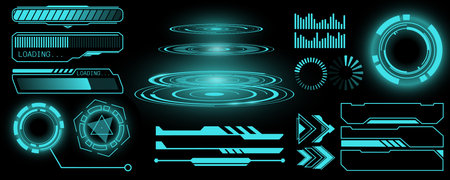 UI digital. HUD, AI futuristic isolated glowing objects, technology game, bar button. Graphic cyber dashboard elements. Interface tech, frames and borders, circle cyberpunk design hologram. Vector setのイラスト素材