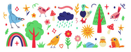 Cloud doodle. Naive pattern. Childish bird. Abstract flower. Summer nature. Rainy sky with sun rainbow. Spring tree leaves. Cute earthworm. Cartoon animal. Kids elements set. Vector art backgroundのイラスト素材