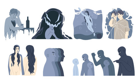 Depressed and harmony. Mental disease. Anxiety people. Grief or sad. Self violence. Afraid woman silhouette. Feared man. Subconscious mind. Inner spiritual health care. Vector psychology concepts setのイラスト素材
