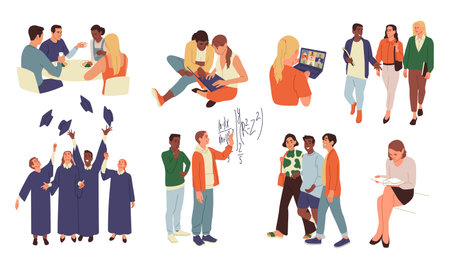 Students life. University education. College classmates. Young people group with graduate hats. Study campus. Teacher at blackboard. Online training laptop. School classroom. Vector class friends setのイラスト素材