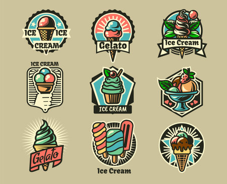 Retro gelato logo. Vintage ice cream bar badge. Company icon. Cold sweet dessert cone. Food shop menu label design. Soft summer frozen snack emblem. Vector stickers setのイラスト素材