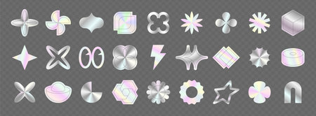 Y2k sticker. Hologram icon. Foil texture. Gradient pattern. Retro metal element. Iridescent label. Geometric shape. Holographic background. Metallic star and flower. Logo mockup. Vector shiny tags setのイラスト素材