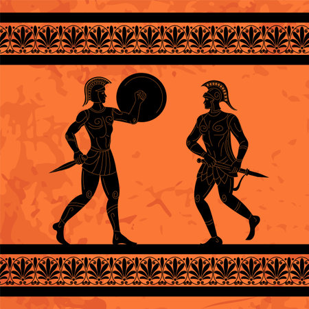 Greek mural. Ancient warriors. Athens mythology. Rome gladiators. Sparta soldiers battle background. Trojan historic art. Black silhouette. Men with shields and swords. Vector antique painting patternのイラスト素材