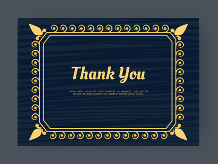 Vintage frame. Thank you card. Golden border. Decorative baroque ornament. Elegant calligraphic lettering. Flourish arabesque element. Gratitude words. Victorian vignette. Vector banner luxury designのイラスト素材