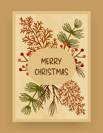 Merry Christmas. Xmas winter plants, berries and leaves. Holiday coniferous forest tree with cones, vertical banner or poster, postcard design. Vector cartoon flat style isolated festive illustrationのイラスト素材