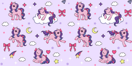Unicorn pattern seamless. Cartoon rainbow anime character, kawaii decorative banner, cool birthday backdrop. Cute animals, cutie fun set, funny kids. Music paper art. Vector baby girl backgroundのイラスト素材