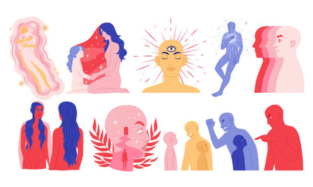 Self subconscious. Care mind. Inner health. Love yourself. Spiritual mental peace. Woman appearance. Stressed man. Wellbeing dream. Persons head. People mindfulness. Vector psychology concepts setのイラスト素材