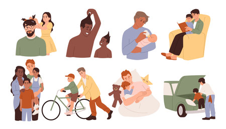 Father with kid. Family leisure. Dads day. Parent playing together with son and daughter. Happy children joy. Read book. Man feeding baby. Games and daddy parenting. Vector fatherhood concepts setのイラスト素材