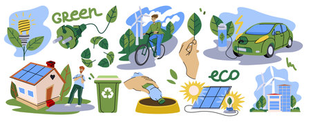 Sustainable environment. Eco friendly car. ESG energy. Ecology and nature save. Electric transport. Green technology. Electricity generation. Earth planet. Windmill or solar panel. Vector concepts setのイラスト素材